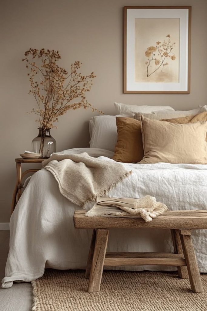 Hygge linen bedroom with cozy textures.