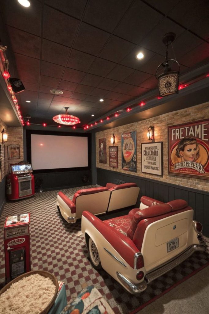 Playful indoor drive-in movie theater.