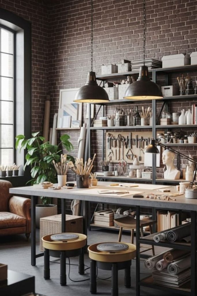 Industrial craft studio with metal shelving.