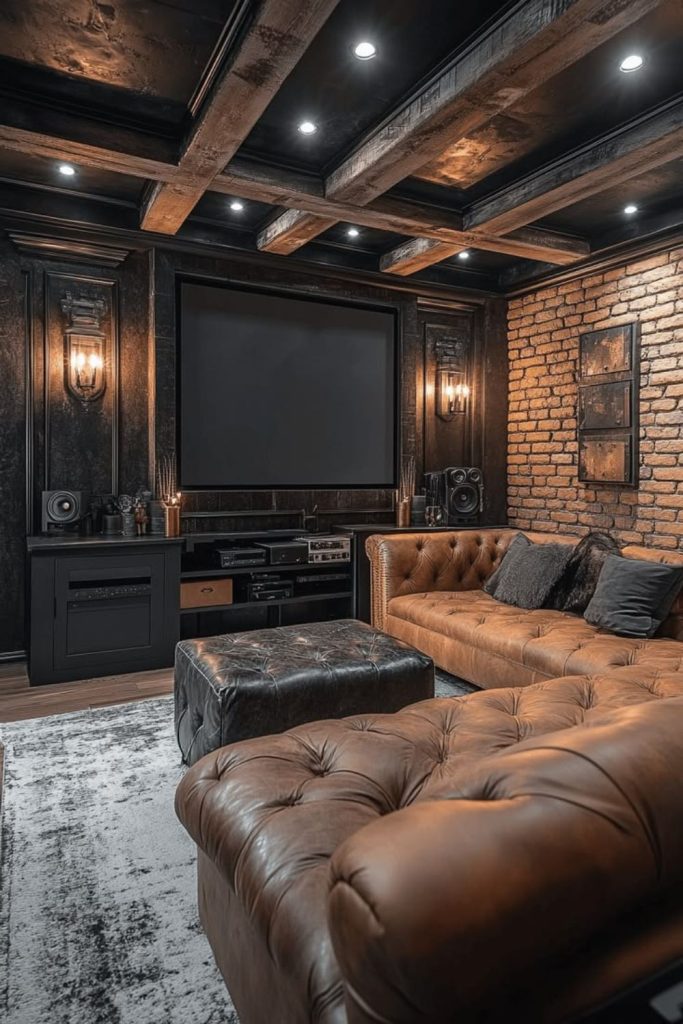 Industrial loft-inspired home cinema room.