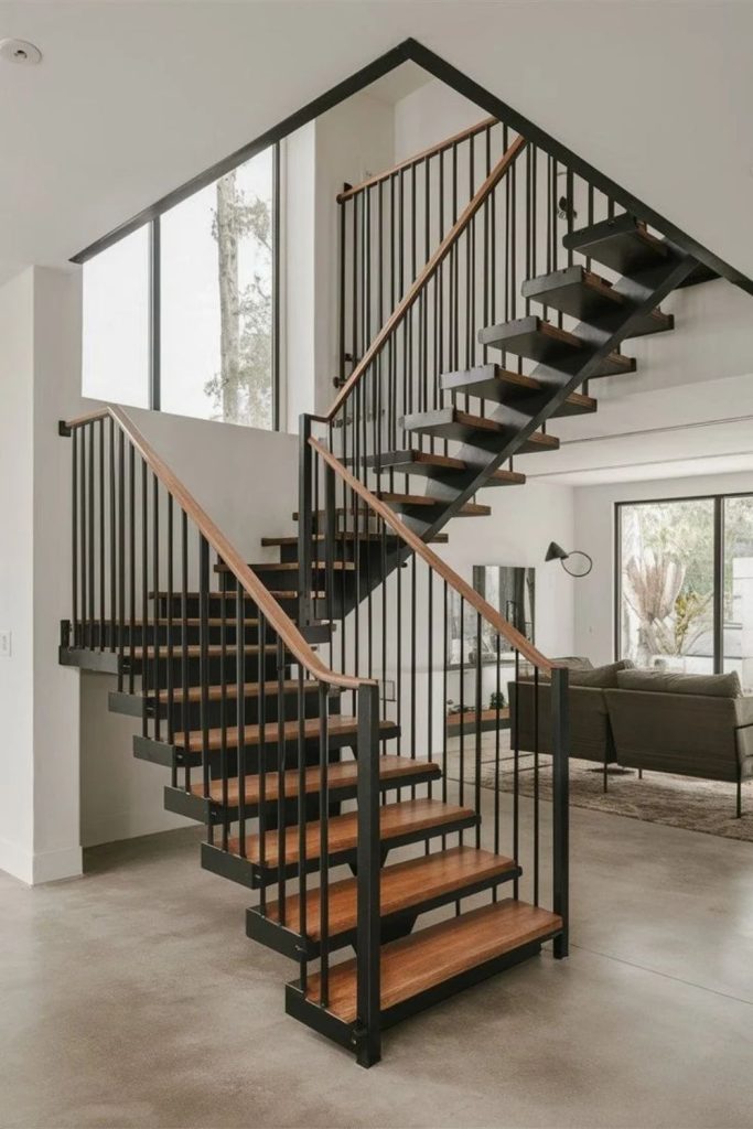 Industrial steel staircase with reclaimed wood.