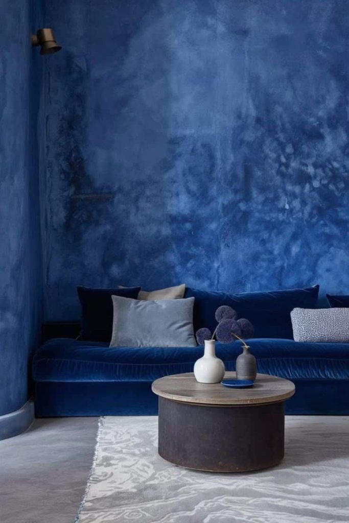 Deep ink blue limewash wall.