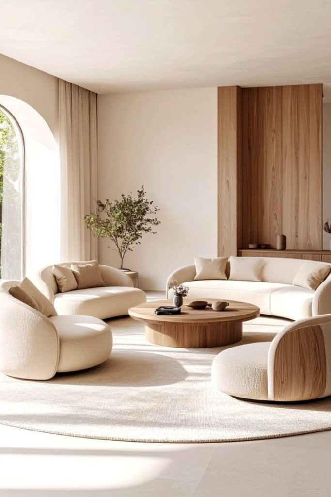 Japandi curved sofa with timber.