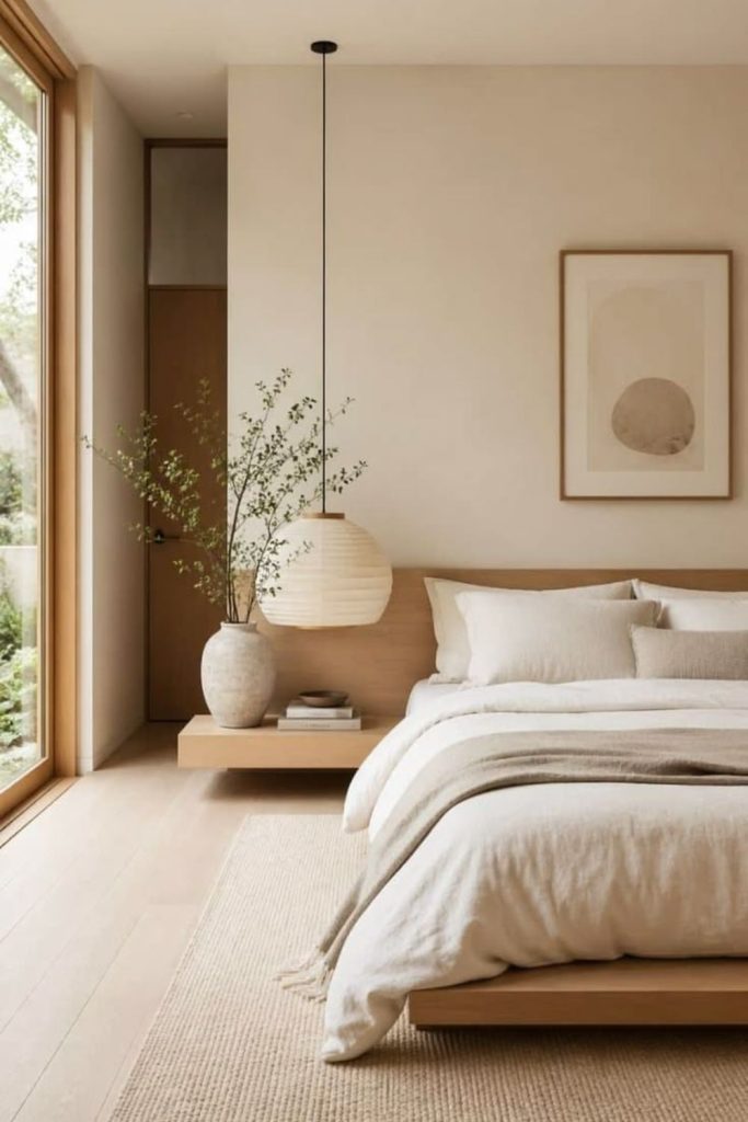 Japandi Scandi bedroom with natural furniture.