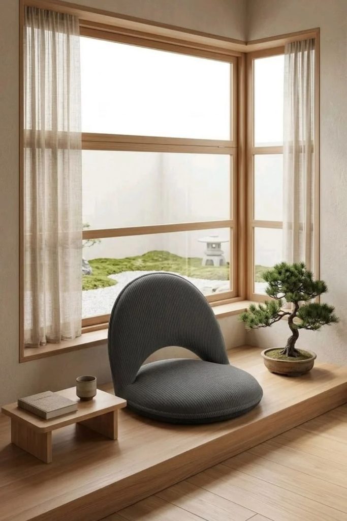 Japandi-inspired serene bay window nook.