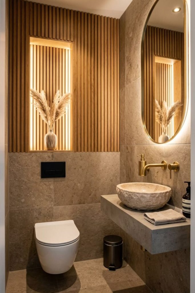 Serene Japandi powder room design.