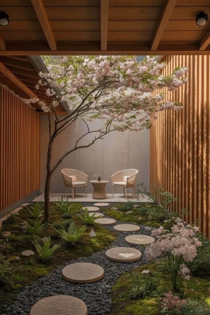 Japanese courtyard featuring stones and greenery.