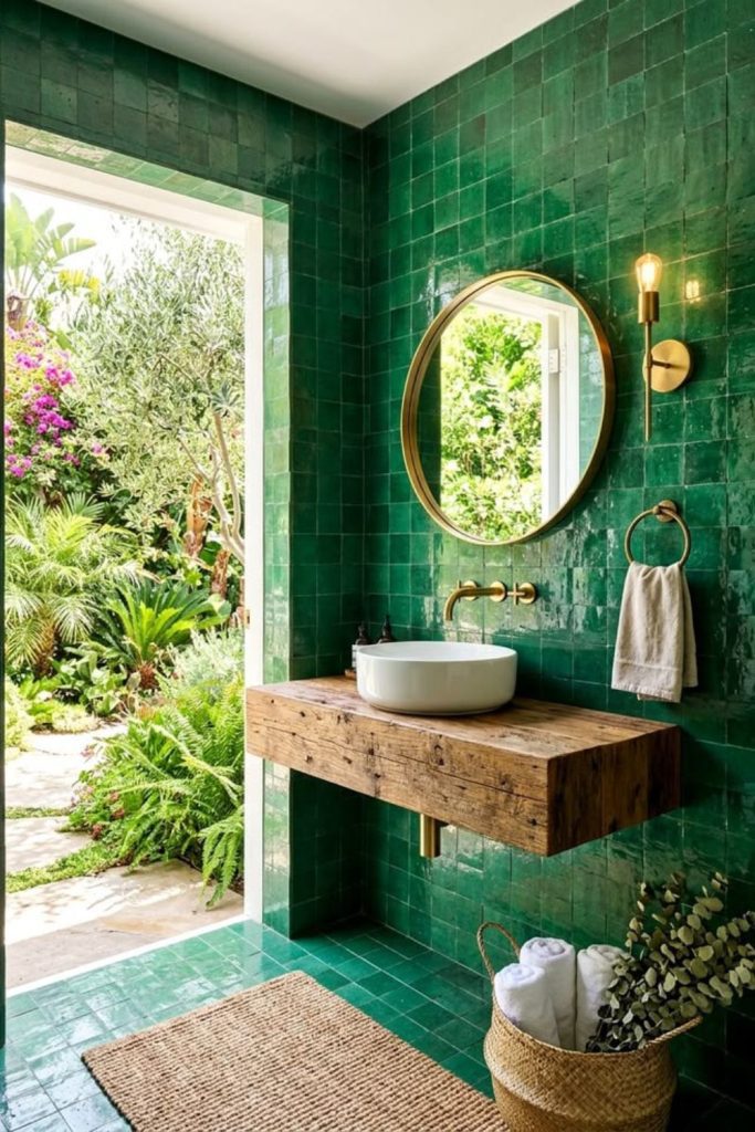 Jewel-toned glamorous powder room design.