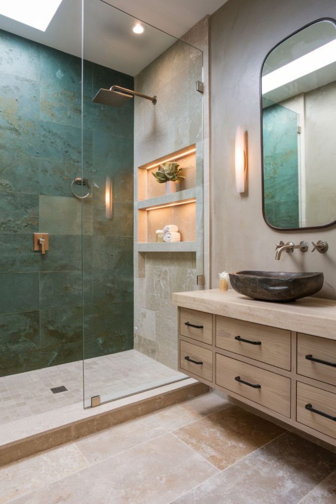 Luxurious jewel toned ensuite bathroom.