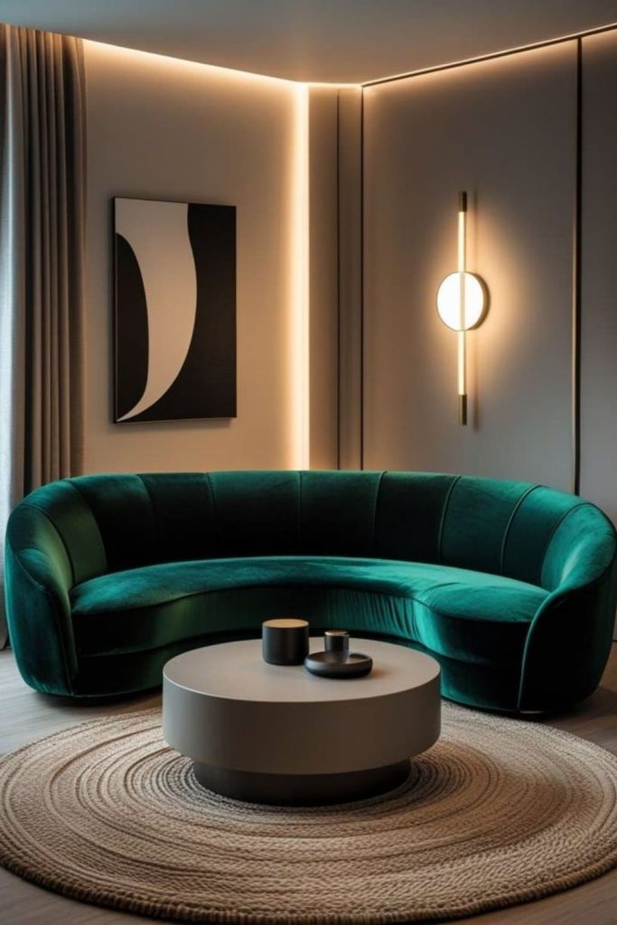 Jewel-toned curved sofa statement piece.