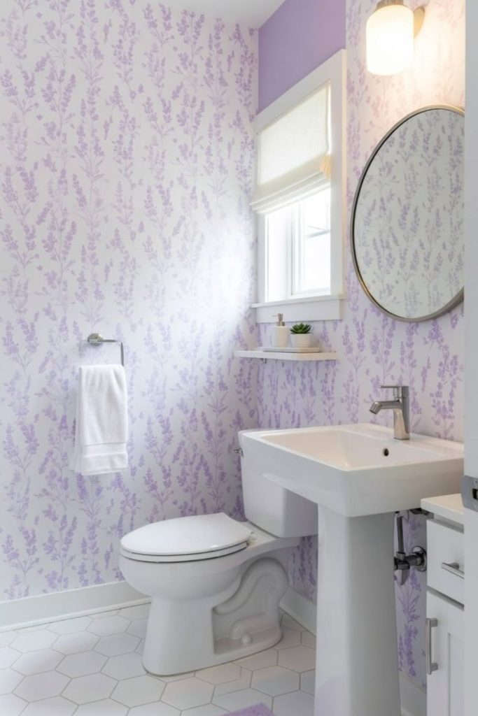 Dreamy lavender powder room decor.