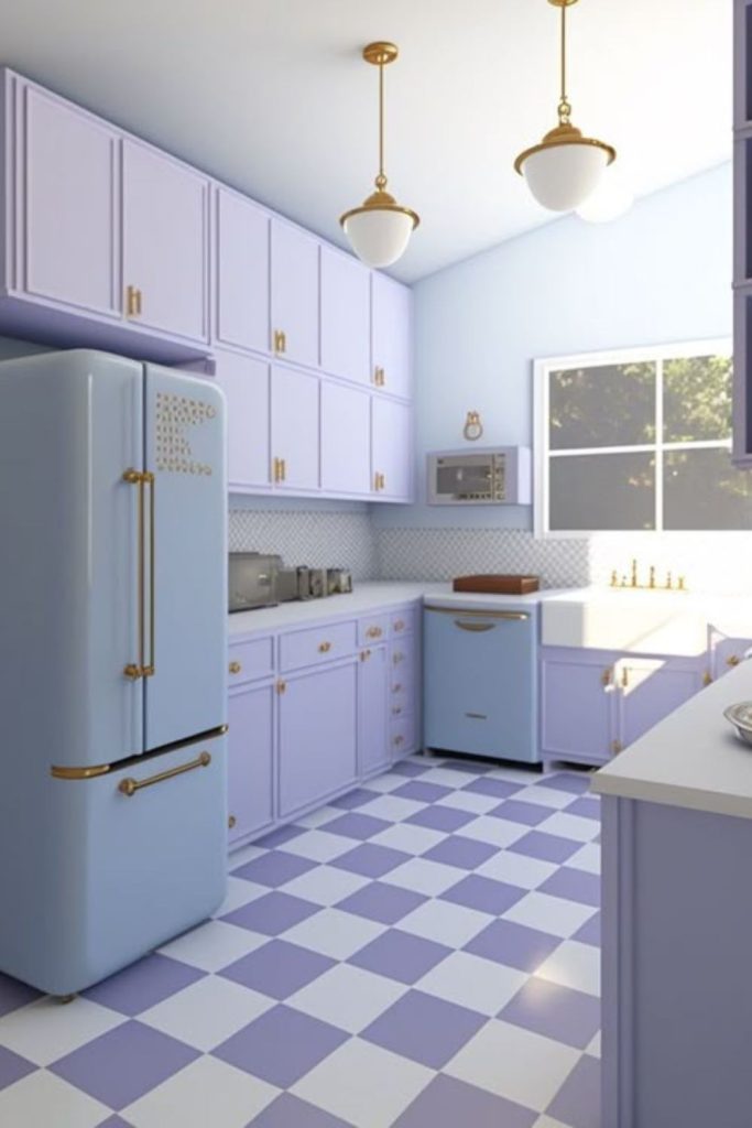 Lavender cream vintage checkerboard flooring.