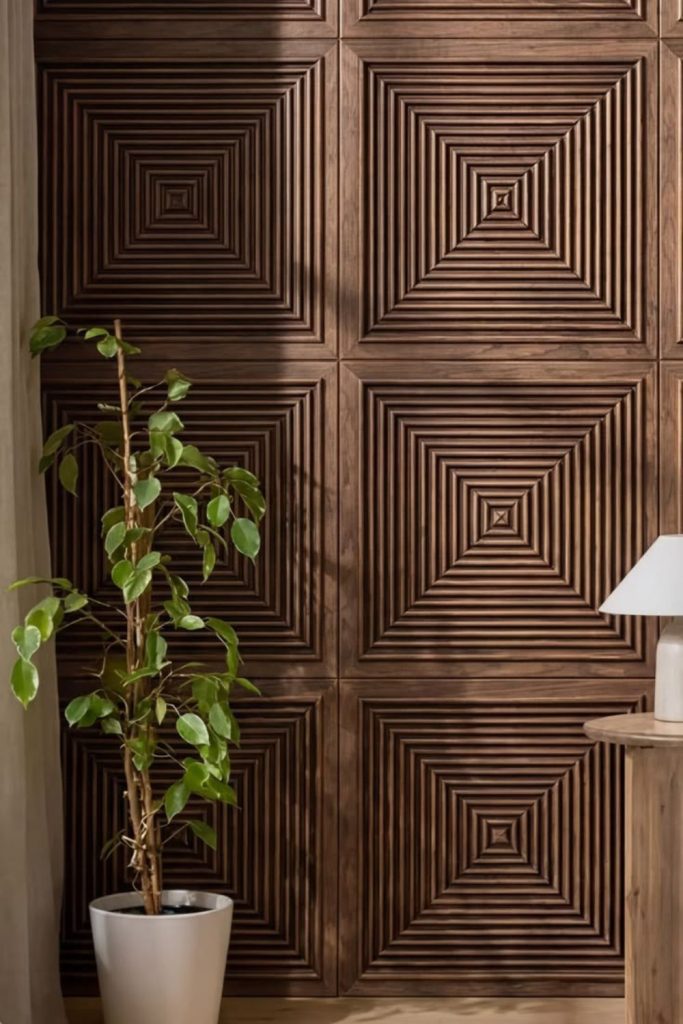 Layered wooden textured wall panels.