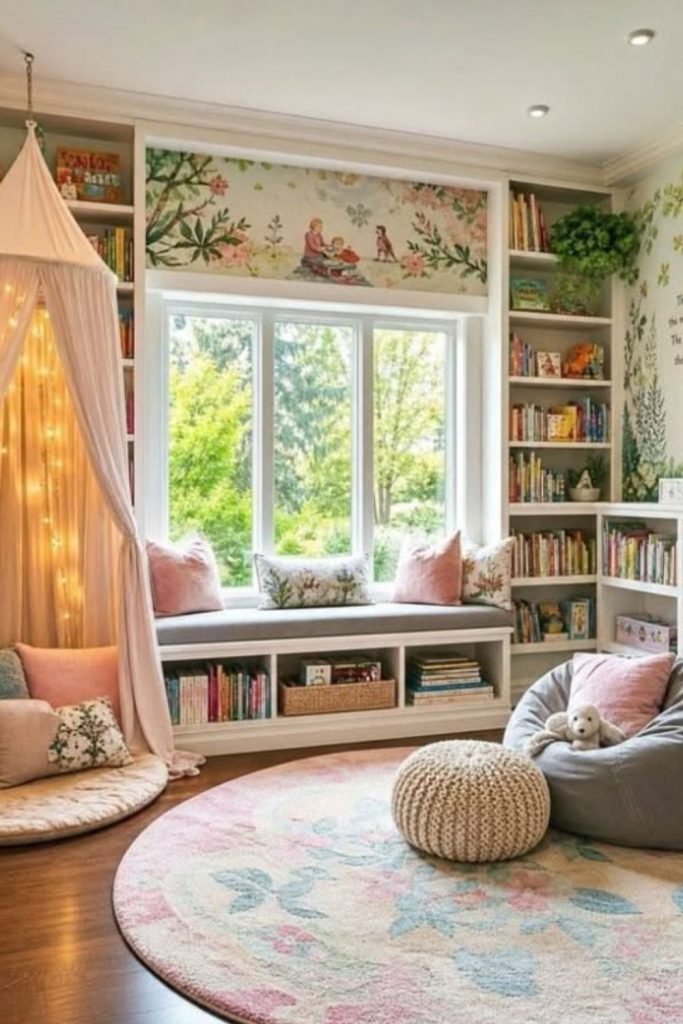 Educational library-inspired children's playroom.