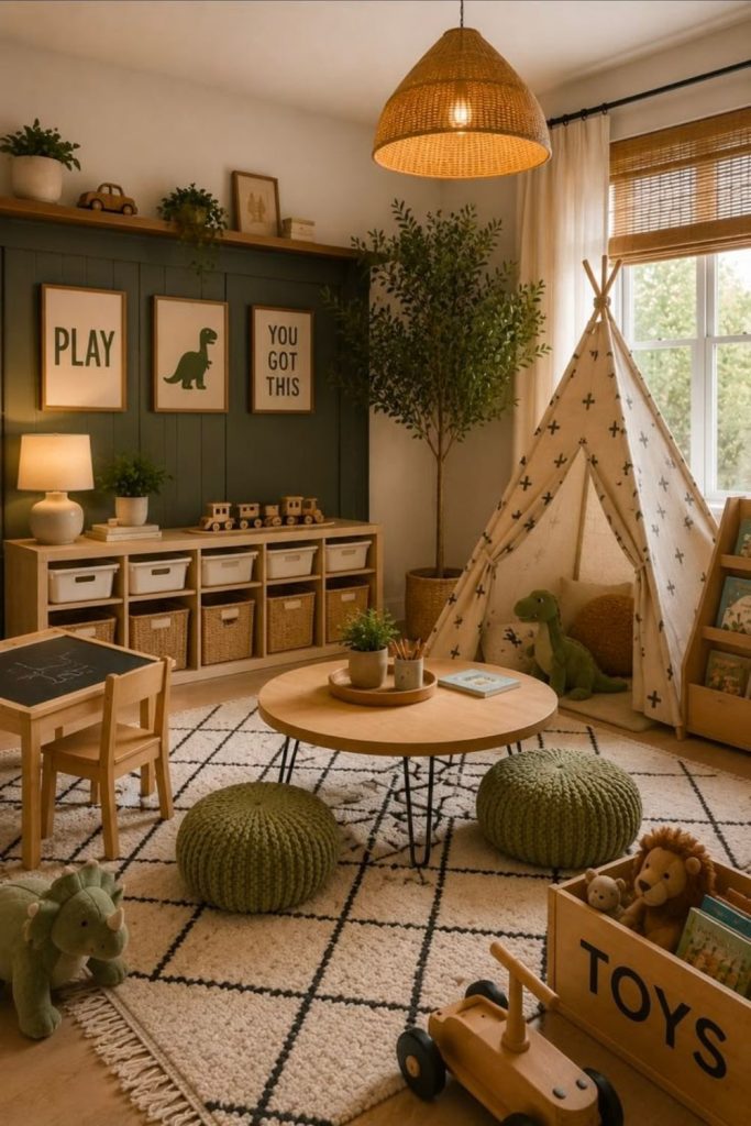 Adventurous explorer-themed children's playroom.