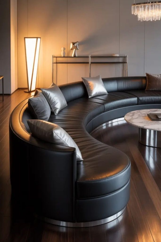 Black ribbon-shaped curved living sofa.