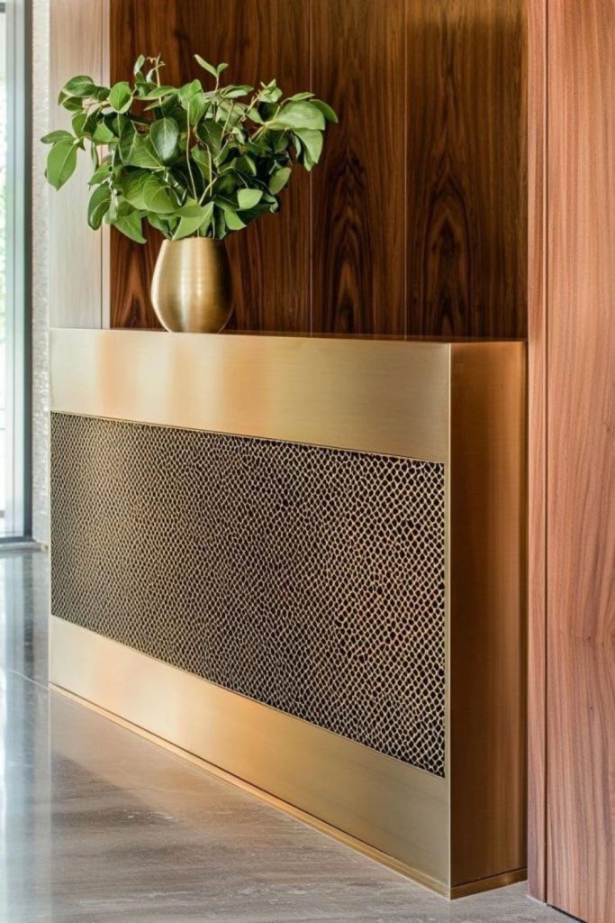 Elegant brass grille radiator cover.