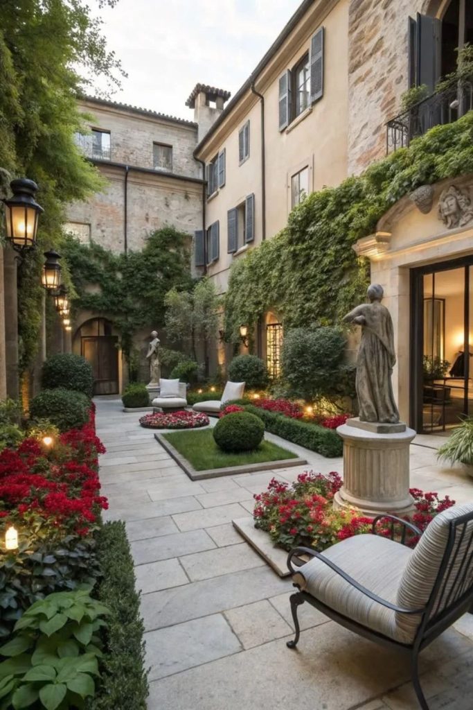 Luxury courtyard retreat with elegant furnishings.