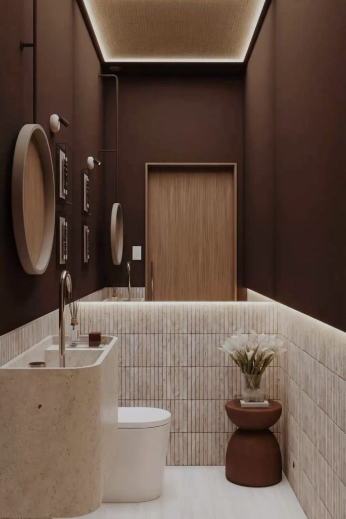 Luxury hotel-inspired powder room interior.