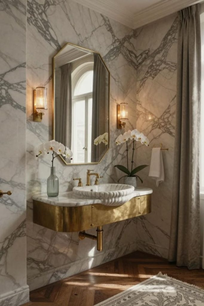 Luxurious marble powder room interior.