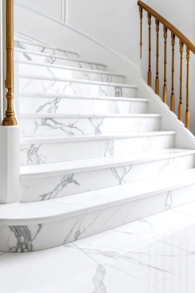 Luxe marble staircase with gold details.