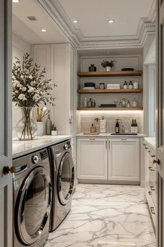 Luxurious marble utility room interior.
