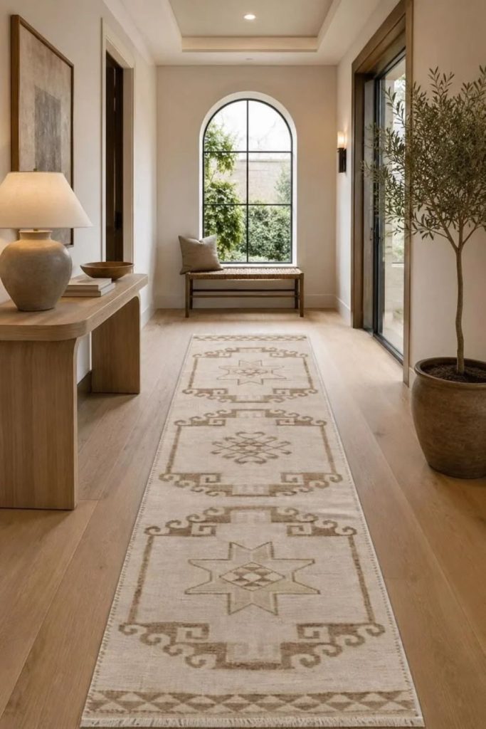 Luxurious oatmeal hallway runner design.