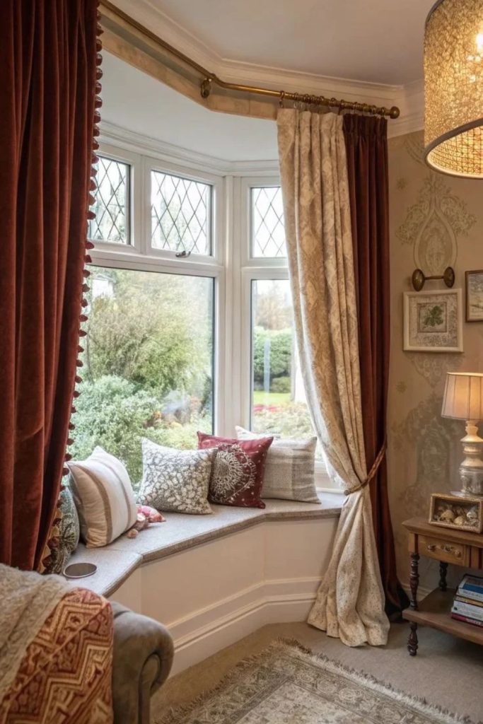 Luxurious velvet bay window seating.