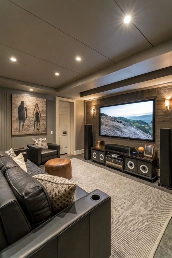 Upscale basement home screening lounge.