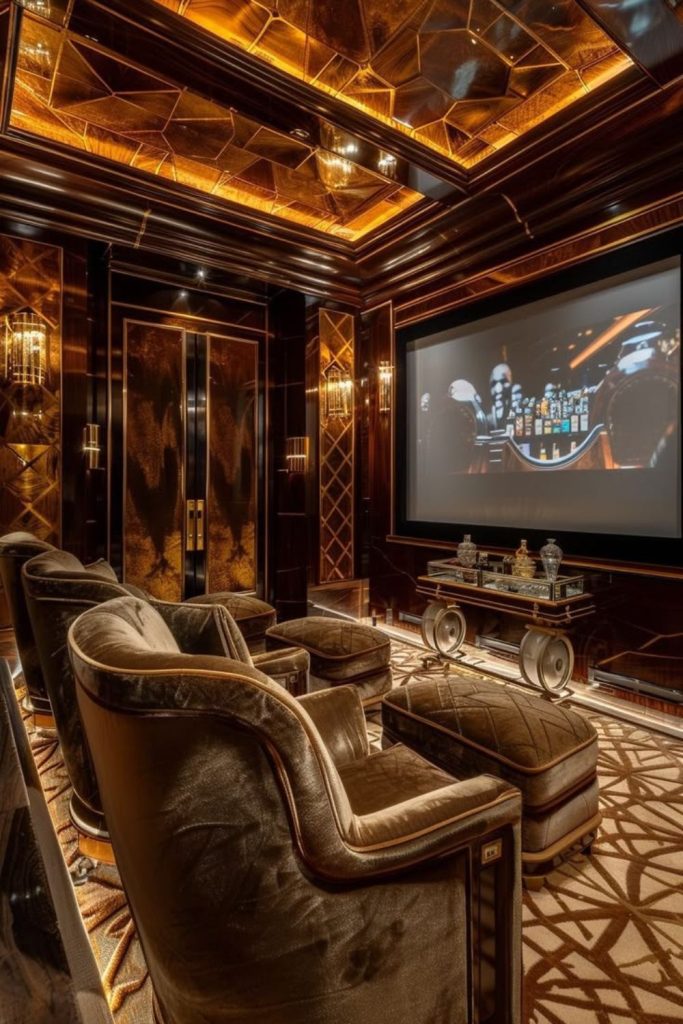 Glamorous gold-accented luxury home theater.