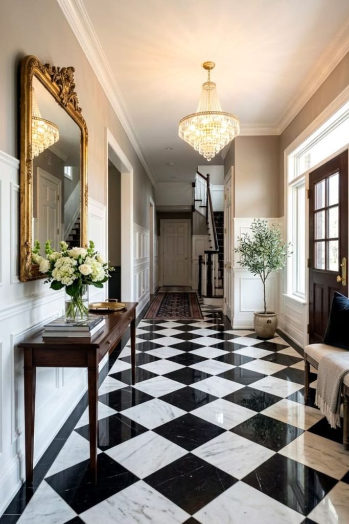 Luxurious black white marble flooring.