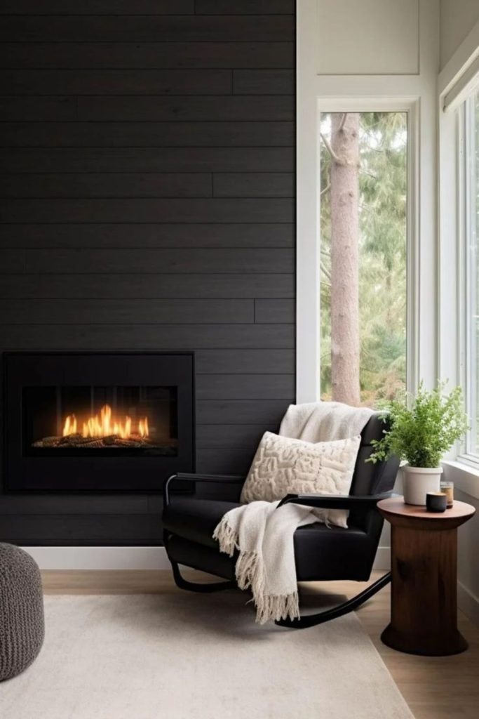 Matte black shiplap wall with furniture.