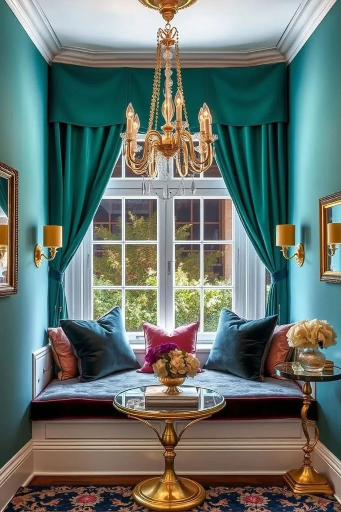 Maximalist jewel-toned bay window seating.