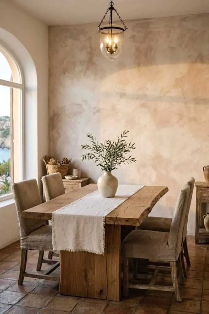 Mediterranean sandy limewash accent wall.