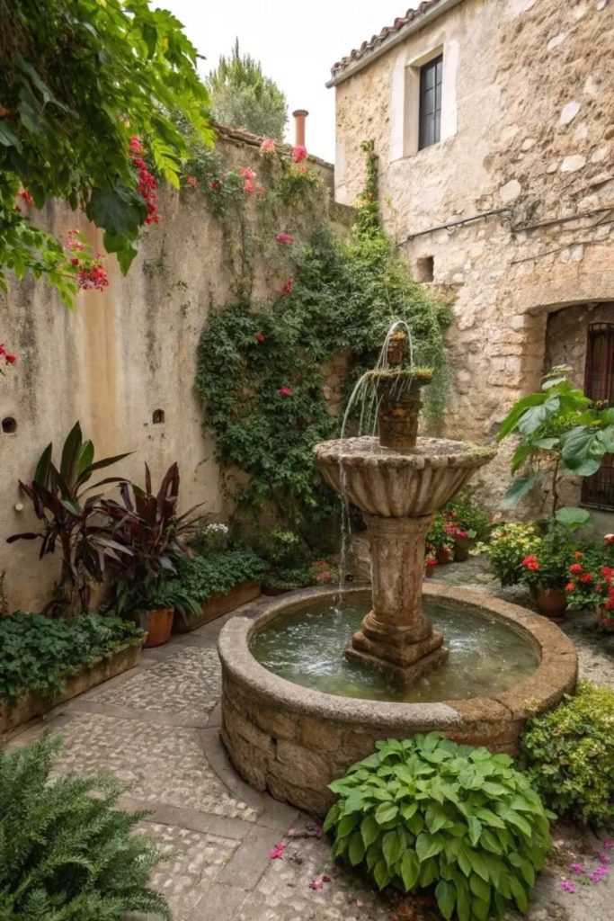 Mediterranean courtyard with elegant stone fountain.