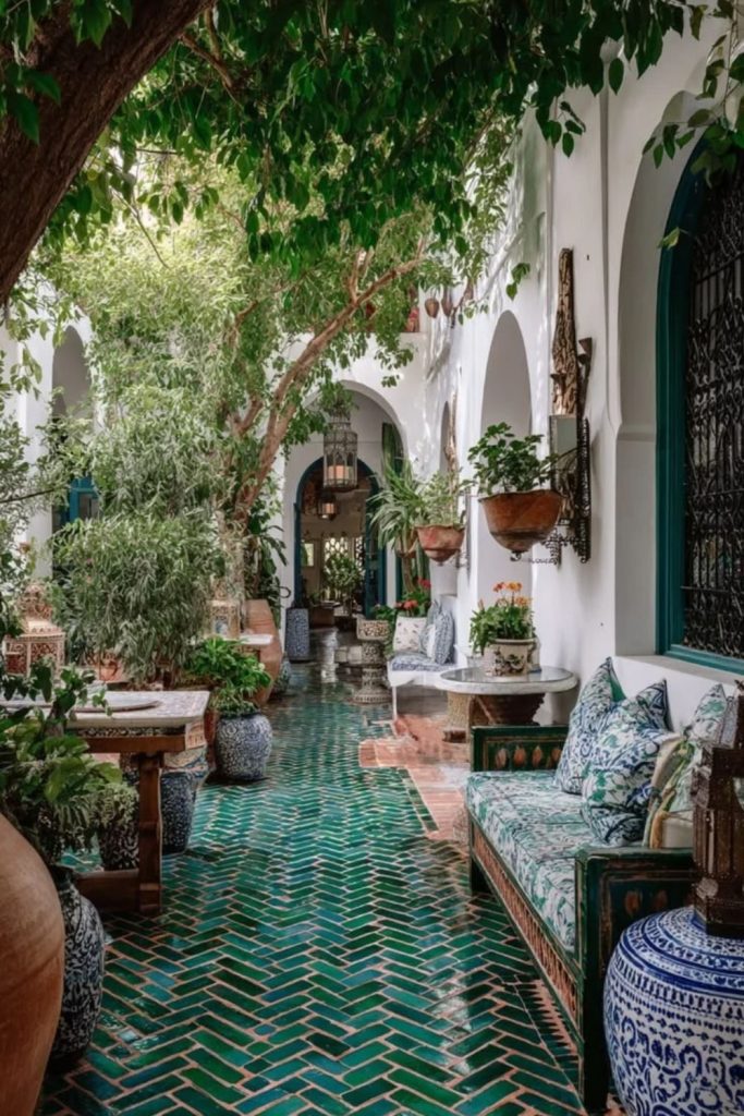 Mediterranean courtyard featuring colorful mosaic tiles.