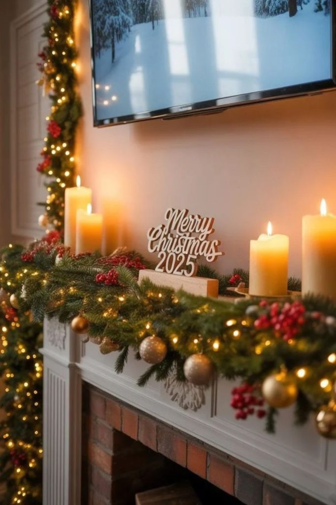 Cozy Christmas movie night mantel décor.