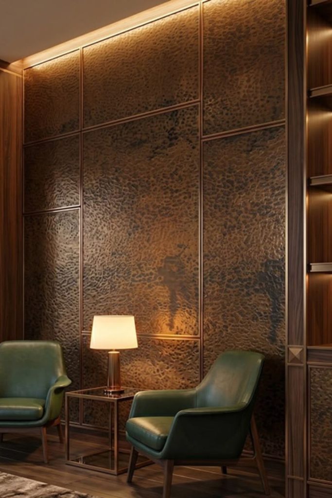 Metallic accent decorative wall panels.