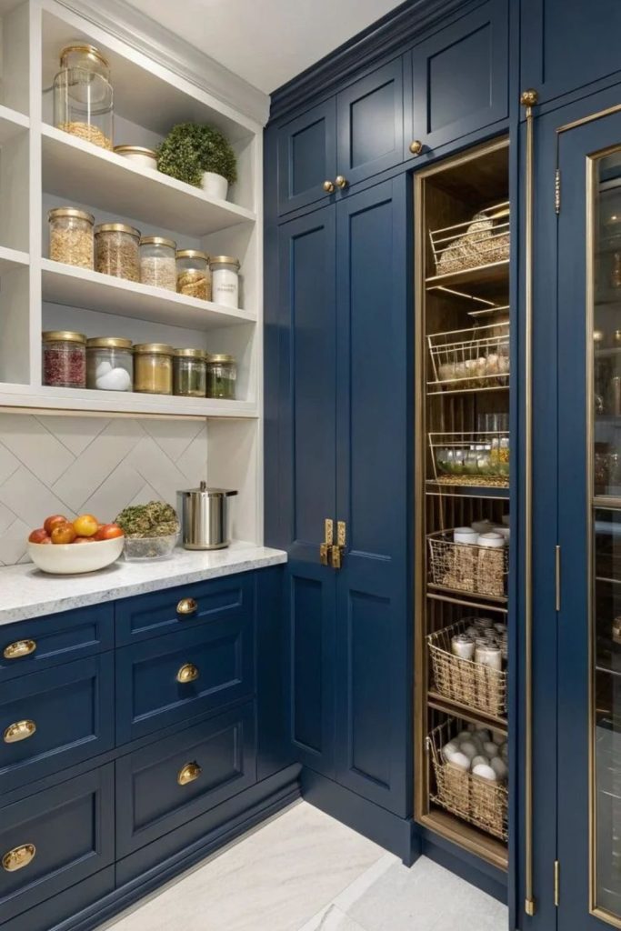 Midnight blue pantry with brass hardware.