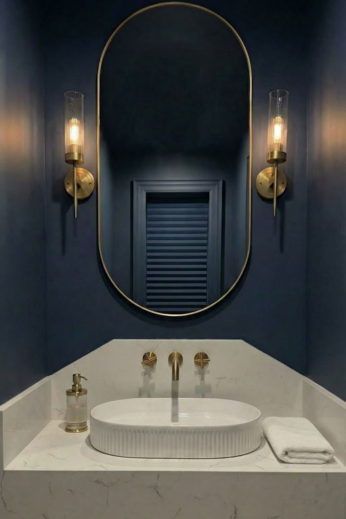 Midnight blue elegant powder room.