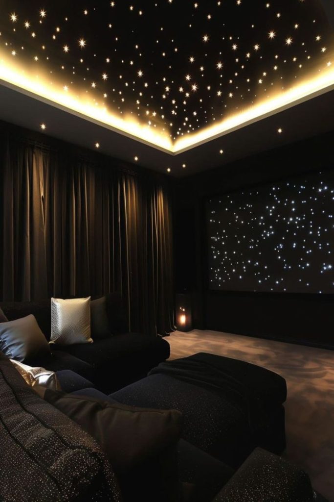 Luxurious dark home cinema interior.