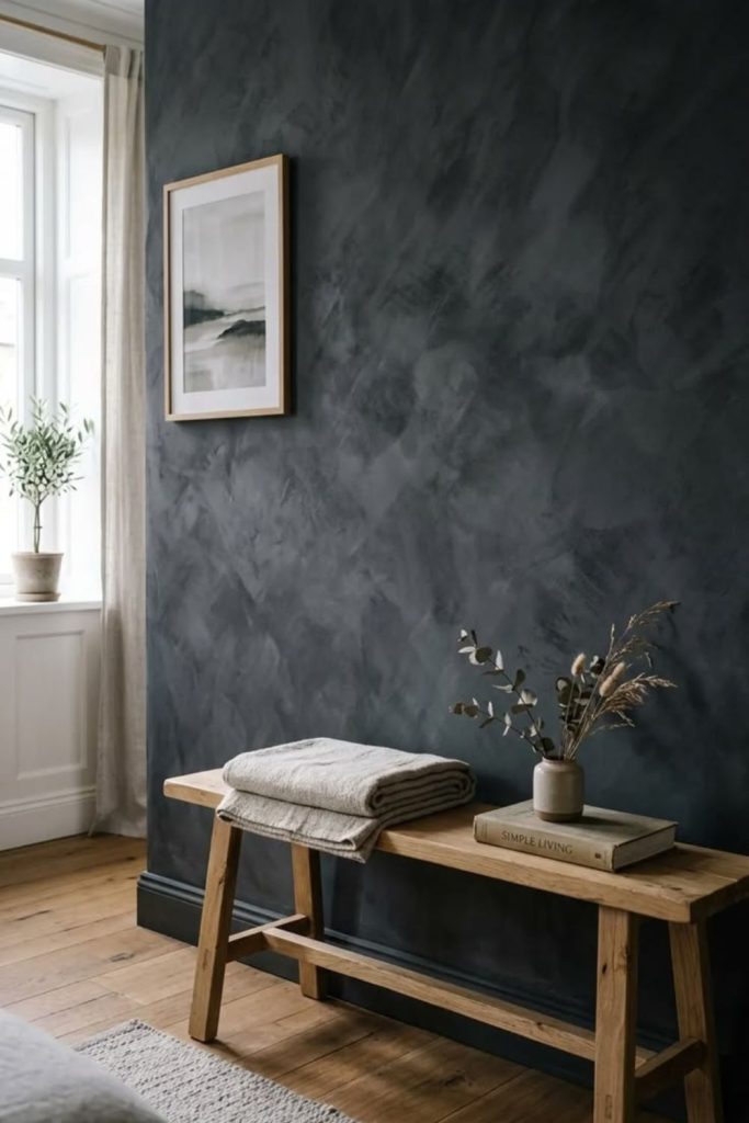Deep charcoal dramatic limewash wall.