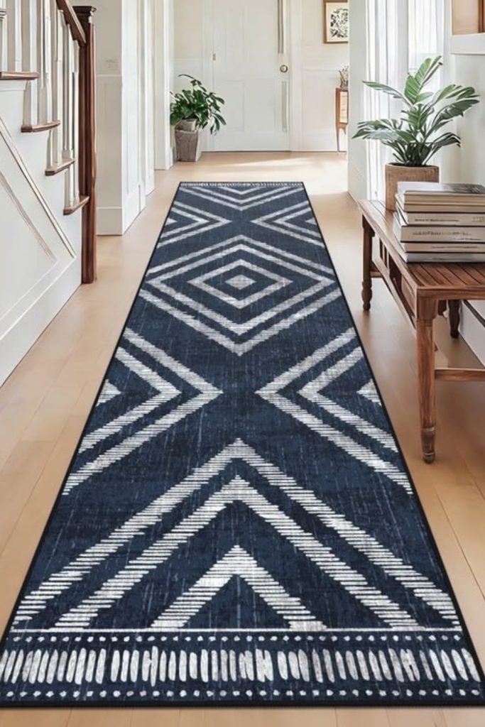 Elegant navy hallway runner decor.