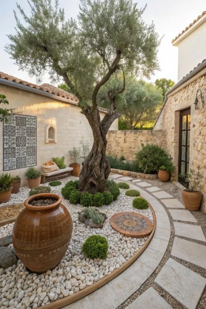 Minimal gravel courtyard with sculptural grasses.