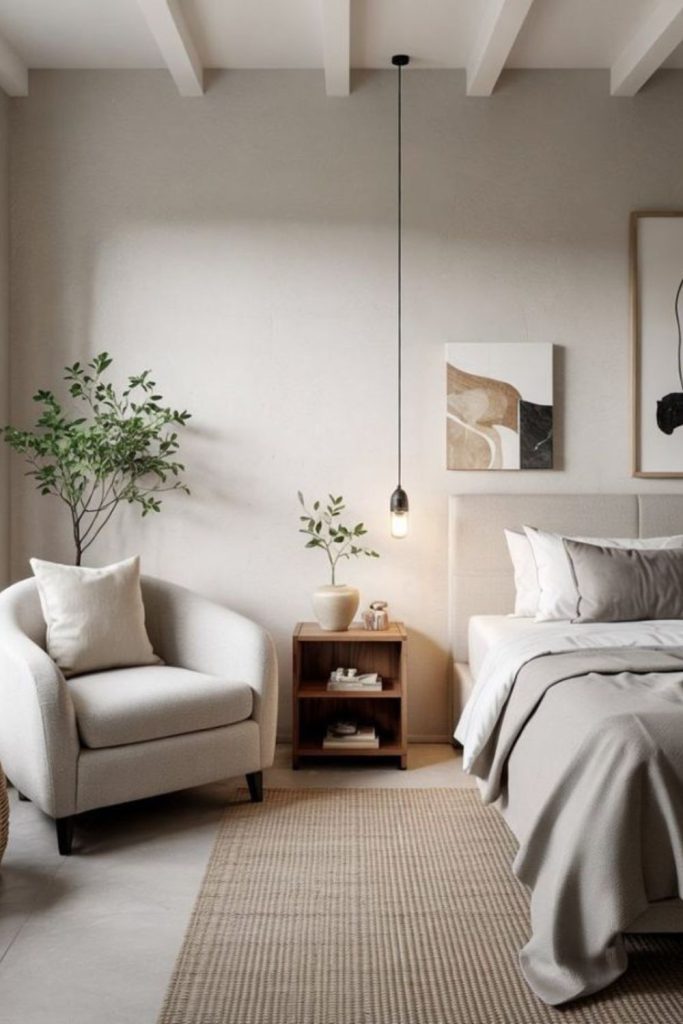 Minimal Nordic studio bedroom with shelving.