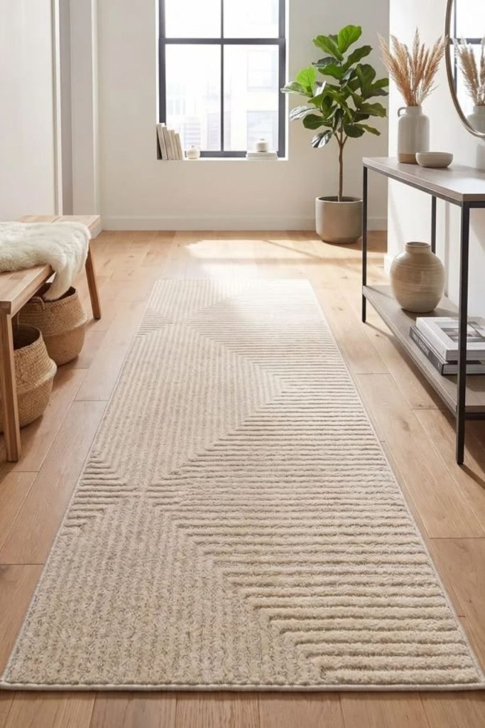 Minimal beige hallway runner design.