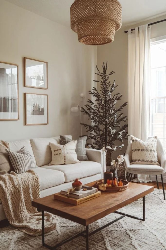Minimalist living room with cozy blankets.