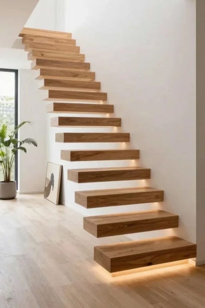 Minimalist floating staircase with glass railing.