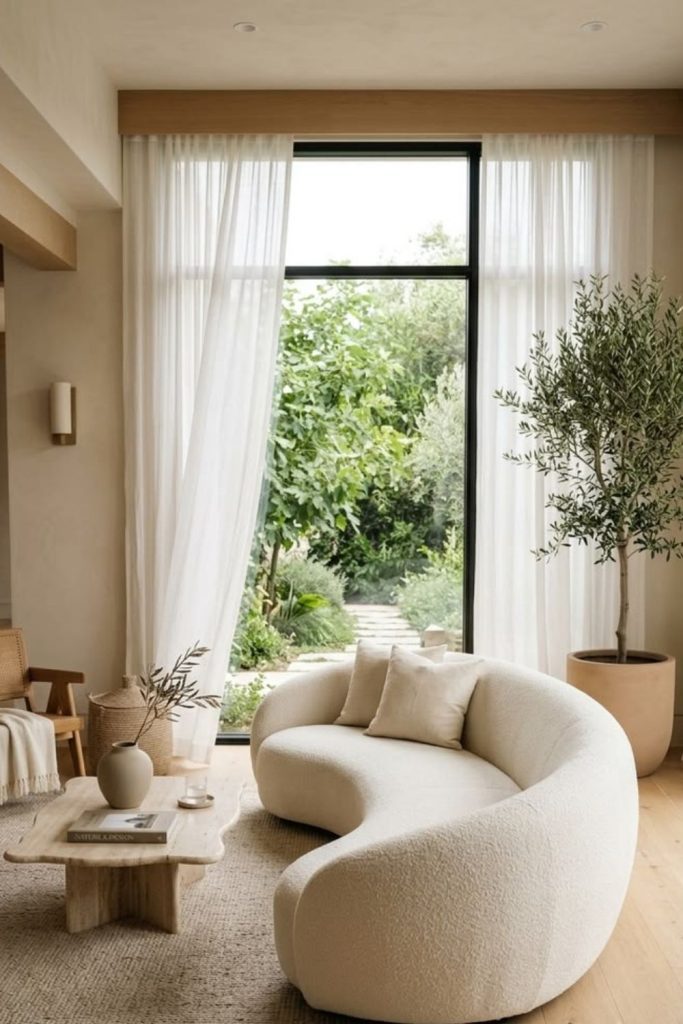 Minimalist ivory sofa in living room.