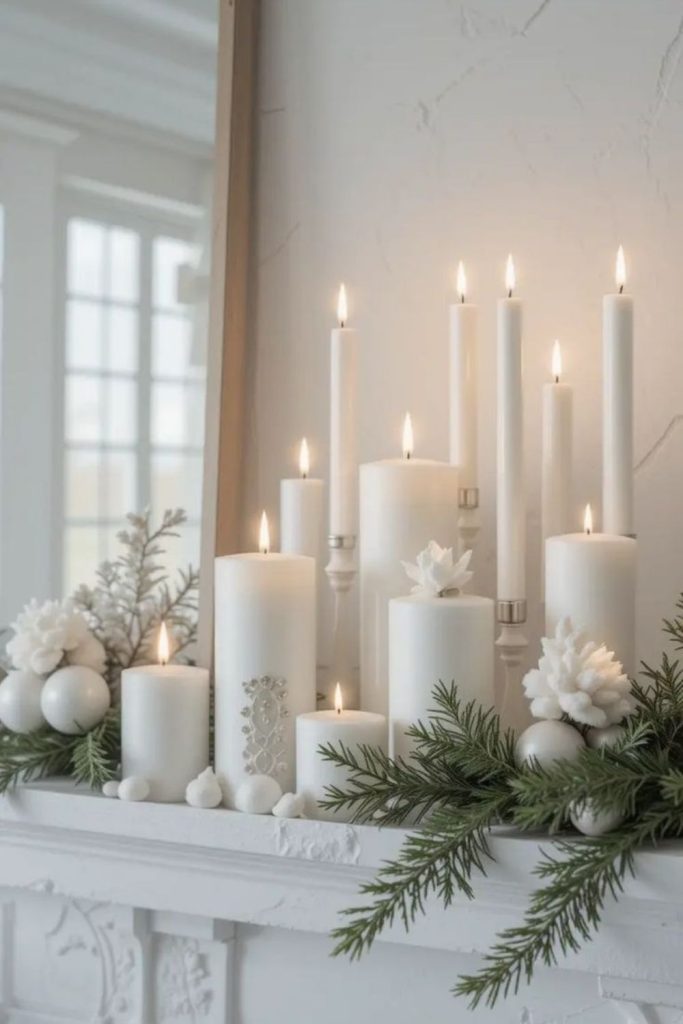 Minimalist Christmas mantel with neutral stockings.